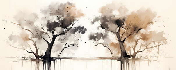 watercolor drawing of two trees. natural shades. minimalism. art. generative artificial intelligence