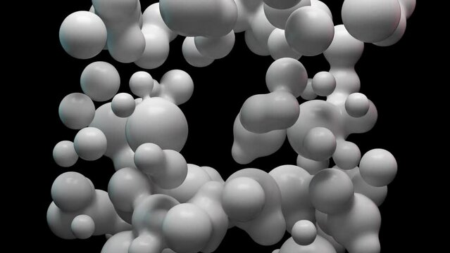 White 3D bubbles separate and reattach from liquid sphere on black background. Nanotechnology, science, chemistry concept. Floating abstract nanoparticles or molecules. Seamless loop alpha matte