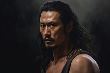 portrait of a black long hair mustache Asian man, looking serious wearing black tank top 
