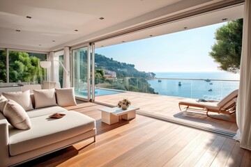 Fototapeta na wymiar Luxury apartment with view sea view, generative ai