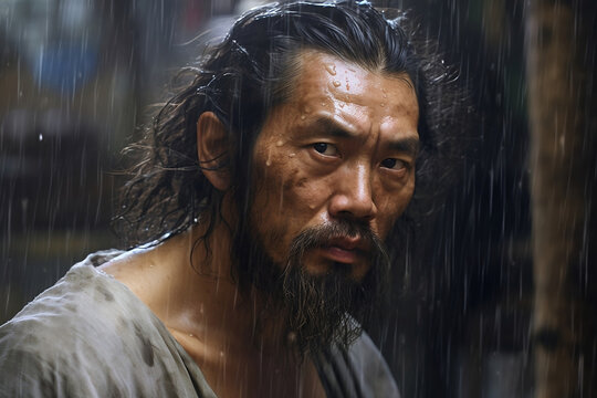 portrait of a black long hair mustache Asian man, looking serious standing under rainy shower