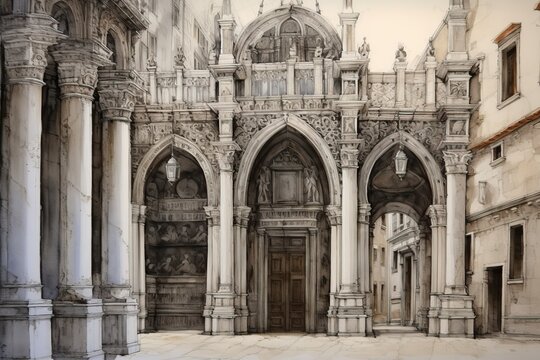 Ancient architectural sketch with faded color, generative ai