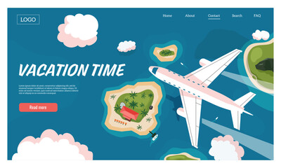 Aerial view travel landing. Cartoon plane and aircraft flying above sea, ocean and beach, tourist flight vector concept
