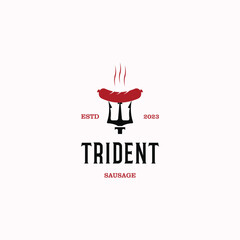 trident grill logo, trident with sausage logo design vintage concept - obrazy, fototapety, plakaty