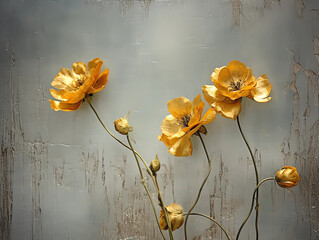 golden buttercup flowers on a gray concrete background. art. generative ai