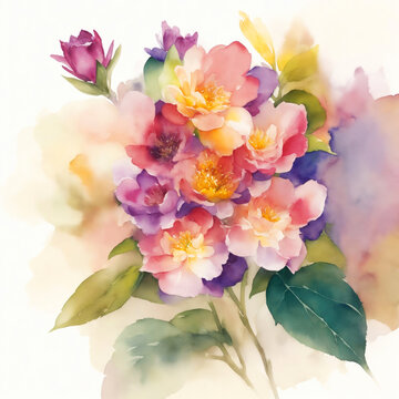 Beautiful watercolor flowers on a white background. Festive bouquet. Image generated by Ai