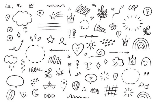 Hand drawn simple elements set. Sketch underlines, icons, emphasis, speech bubbles, arrows and shapes. Vector illustration isolated on white background.