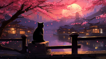Cute black cat sitting in garden alone under cherry blossoms trees watching japanese scenery at night, Fuji mount in the background with night lights from moon and old houses with water reflection - obrazy, fototapety, plakaty