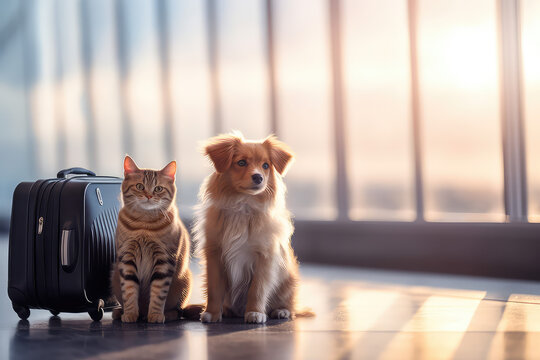 A Cat And A Dog Sit Near Luggage In The Airport Waiting Room, Sunny Day. Creative Concept Air Transport Of Pets. 
 Generative AI Photo Imitation.