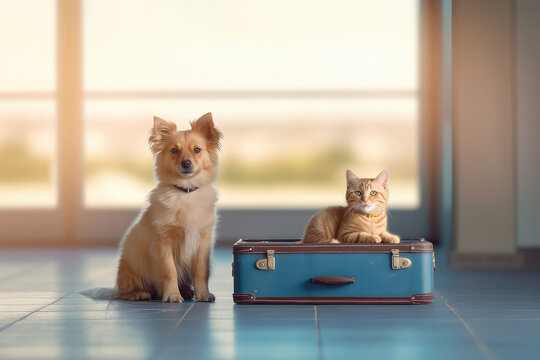 A cat and a dog sit near blue luggage in the airport waiting room. Creative concept Air transport of pets. 
 Generative AI photo imitation.