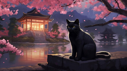Cute black cat sitting in garden alone under cherry blossoms trees watching japanese scenery at night, Fuji mount in the background with night lights from moon and old castle with water reflection