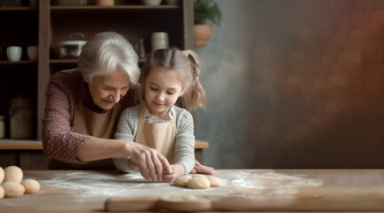 An active age grandmother engages her little granddaughter in rolling and sculpting pastry dough. Elderly grandmother shares home baking skills with her granddaughter. Copy space. Generative AI