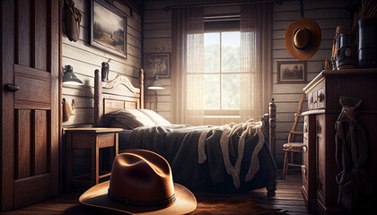 Interior of a rustic home's cowboy bedroom, Generative AI
