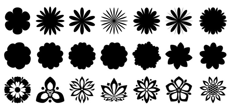 Black flower icons collection. Set of black abstract flower logo. Vector flower elements collection