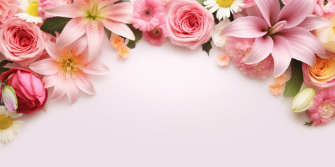 Banner template with flowers on the edges on white background. Picture frame with beautiful flowers for spring greeting card or invitation. Generative AI photo imitation.