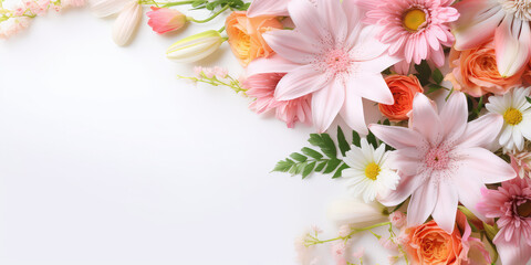Obraz na płótnie Canvas Banner template with flowers on the edges on white background. Picture frame with pretty flowers for spring greeting card or invitation. Generative AI photo imitation.