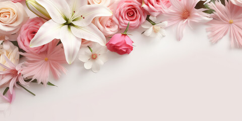 Fototapeta na wymiar Banner template with flowers on the edges on white background. Picture frame with pink white flowers for spring greeting card or invitation. Generative AI photo imitation.