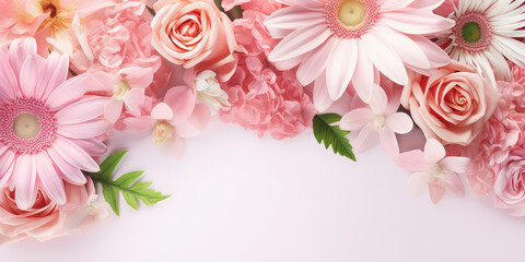 Banner template with flowers on the edges on white background. Picture frame with pink flowers for spring greeting card or invitation. Generative AI photo imitation.