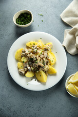 Boiled potato with mushroom ragout