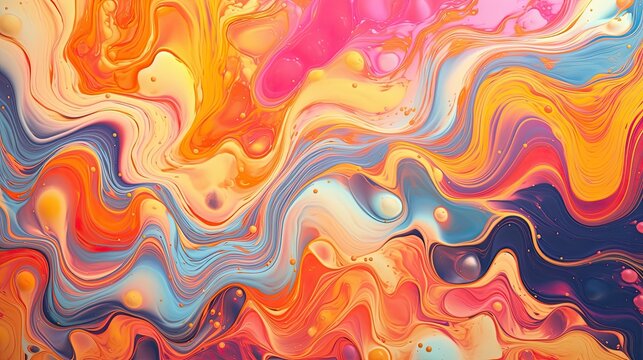 A retro-inspired abstract liquid background with a vintage color scheme, reminiscent of psychedelic art and groovy visual effects. Generative AI. 