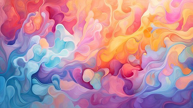 A whimsical and playful abstract fluid background with a rainbow color palette, whimsically moving and transforming in a magical dance. Generative AI. 