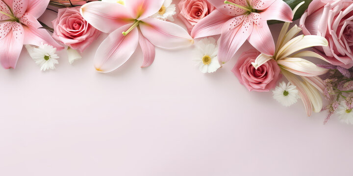 Web Banner template with flowers on the edges on white background. Picture frame with flowers for spring greeting card or invitation. Generative AI photo imitation.
