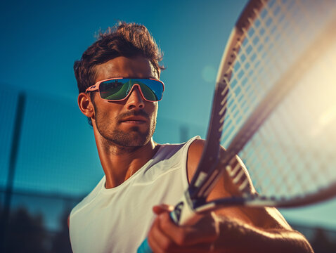 Tennis player and athlete in glasses with a tennis racket in anticipation of a hit. Portrait of a fit and young athletic man looking motivated, determined and confident.