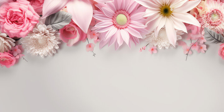 Banner template with flowers on the edges on white background. Picture frame with flowers for spring greeting card, web banner or invitation. Generative AI photo imitation.