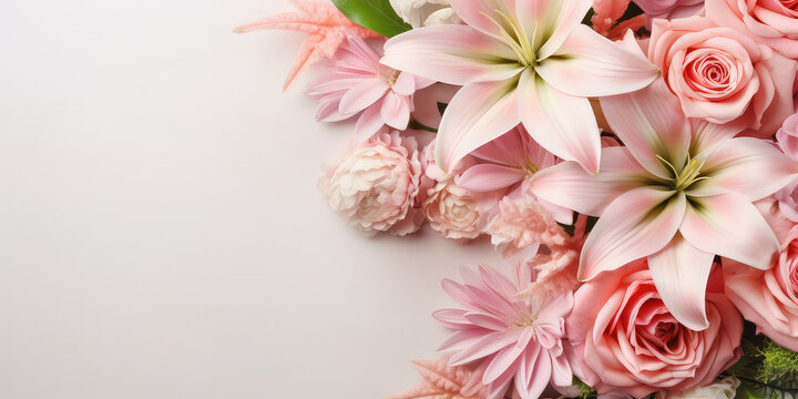 Banner template with flowers on the edges on white background. Picture frame with flowers for spring greeting card, banner or invitation. Generative AI photo imitation.