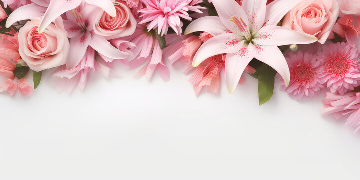 Banner template with flowers on the edges on white background. Picture frame with pastel flowers for spring greeting card or invitation. Generative AI photo imitation.