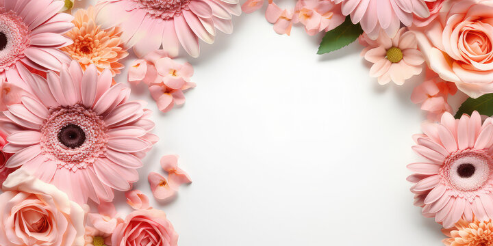 Banner template with flowers on the edges on white background. Picture frame with flowers and leaves for spring greeting card or invitation. Generative AI photo imitation.