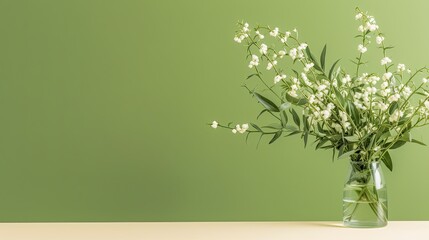 A minimalist arrangement of slender green stems with tiny white blooms, elegantly arranged on a pale gray surface, providing a spacious area for text placement. Generative AI. 