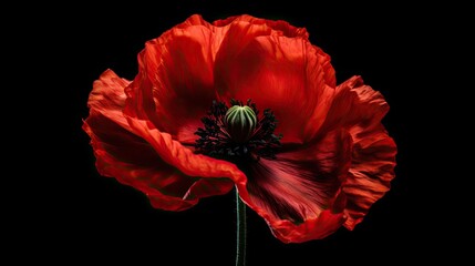 A captivating composition of a single vibrant red poppy positioned at the center of a sleek black background, creating a dramatic contrast and allowing for text overlay. Generative AI.  - obrazy, fototapety, plakaty