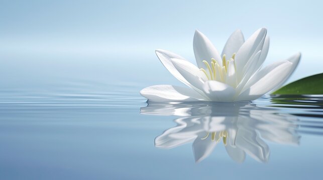 A clean and elegant image showcasing a single white lily floating on a serene pool of water, surrounded by a wide negative space for text or logo integration. Generative AI. 