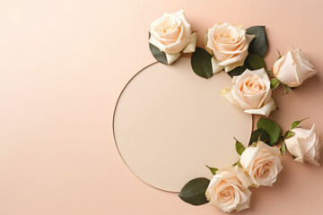 Overhead view of beautiful fresh roses in the shape of a circle on a flat pastel beige background with copy space. Banner and greeting card template. Generative AI photo imitation.