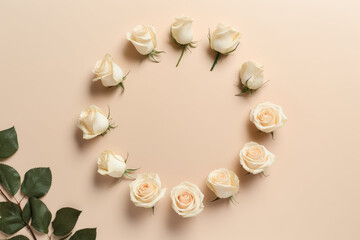 Top view of beautiful fresh roses in the shape of a circle on a flat pastel beige background with copy space. Banner and greeting card template. Generative AI photo imitation.