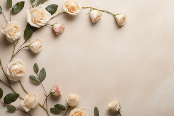 Fototapeta na wymiar Top view of beautiful fresh roses on a pastel beige background with copy space. Banner and greeting card template. Generative AI photo imitation.