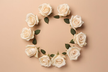 Top view of beautiful fresh roses in the shape of a circle on a pastel beige background with copy space. Banner and greeting card template. Generative AI photo imitation.