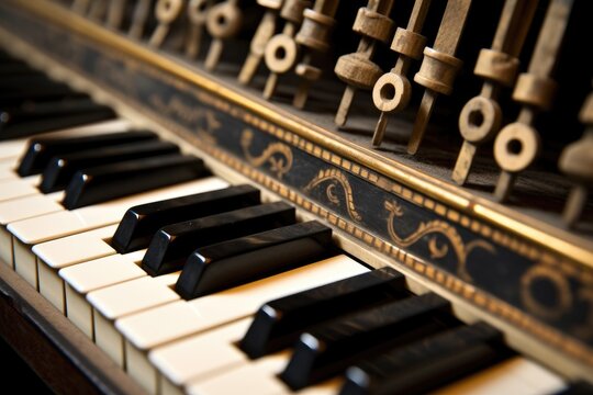 Close-up of vintage piano keys. Generative AI