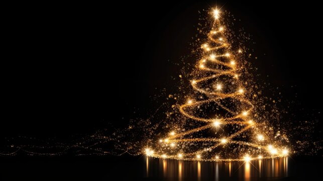 An artistic representation of a Christmas tree silhouette made of golden lights against a black background, creating a striking image with space for text placement or logo integration. Generative AI. 