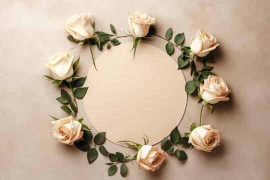 Overhead view of beautiful fresh white roses in the shape of a circle on a pastel beige background with copy space. Banner and greeting card template. Generative AI photo imitation.