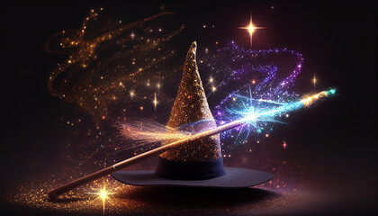 Magic wand with lights, a magic wand, a magician's cap, and a sparkly spell, Generative AI - obrazy, fototapety, plakaty