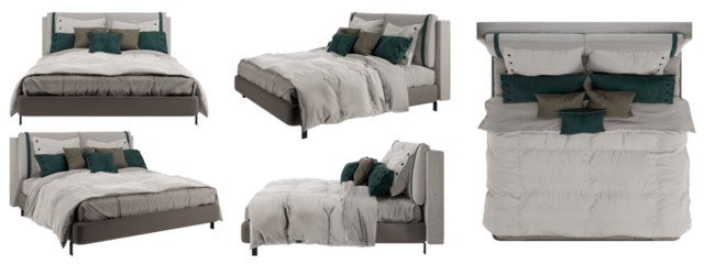 Bed, Bedroom, isometric bed, bed with pillows mockup, top view, font view, side view, isolated,perspective, rendering	
