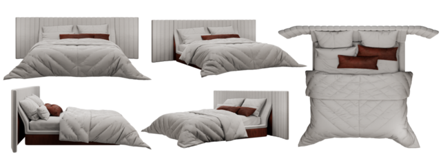 Bed, Bedroom, isometric bed, bed with pillows mockup, top view, font view, side view, isolated,perspective, rendering	
