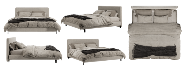 Bed, Bedroom, isometric bed, bed with pillows mockup, top view, font view, side view, isolated,perspective, rendering	
