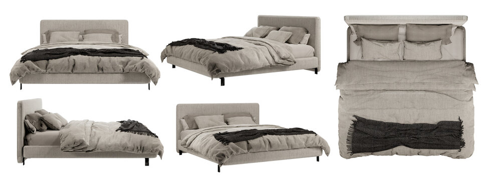 Bed, Bedroom, isometric bed, bed with pillows mockup, top view, font view, side view, isolated,perspective, rendering	
