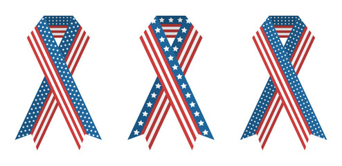 Set of support ribbons with American Flag . Clipart for USA Independence and Memorial day. Isolated vector illustration on transparent background.