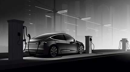 Obraz na płótnie Canvas Electric car at charging station. EV concept. Vector illustration