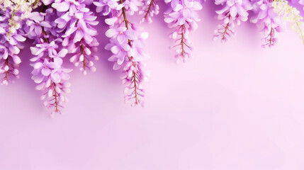 Fototapeta na wymiar Wisteria flowers on pink background with copy space Generative AI