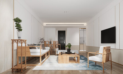 Modern chinese style living room interior, Sofa set and center table. 3D illustration